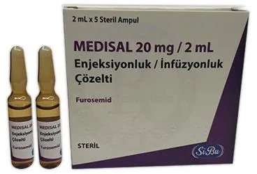 Furosemid içeren çözelti: MEDISAL 20 MG/2 ML ENJEKSIYONLUK/INFUZYONLUK COZELTI (5 AMPUL) ambalajı. Üretici: SİBU PHARM İLAÇ SANAYİ VE DIŞ TİCARET ANONİM ŞİRKETİ.
