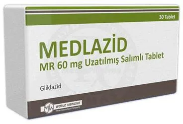 MEDLAZID MR 60 MG UZATILMIŞ SALIMLI TABLET (30 TABLET) (gliklazid) ürün ambalajı, tablet. Üretici: WORLD MEDICINE İLAÇ SAN. VE TİC. A.Ş.