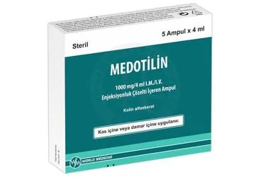 MEDOTILIN 1000 MG/4 ML IM/IV ENJEKSIYONLUK COZELTI ICEREN 5 AMPUL kutusu. Kolin alfoskerat içeren çözelti. Üretici: WORLD MEDICINE İLAÇ SAN. VE TİC. A.Ş.