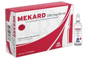 MEKARD 250 MG/20 ML I.V. KONSANTRE INFUZYONLUK COZELTI (10 AMPUL) ürün ambalajı. Dobutamin hcl içeren çözelti. Üretici: POLİFARMA İLAÇ SAN. VE TİC. A.Ş.