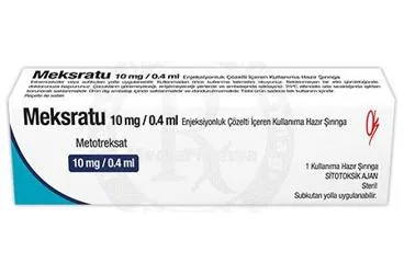 Metotreksat içeren MEKSRATU 10 MG/0,4 ML ENJ. COZ. ICEREN KULL.HAZ. 1 SIRINGA kutu fotoğrafı. Üretici: KOÇSEL İLAÇ SANAYİ VE TİCARET ANONİM ŞİRKETİ.