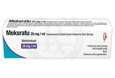 Metotreksat içeren MEKSRATU 25 MG/1 ML ENJ. COZ. ICEREN KULL.HAZ. 1 SIRINGA kutusu. Üretici: KOÇSEL İLAÇ SANAYİ VE TİCARET ANONİM ŞİRKETİ.