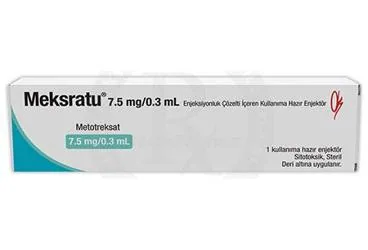 MEKSRATU 7,5 MG/0,3 ML ENJEKSIYONLUK COZELTI ICEREN KULLANIMA HAZIR ENJEKTOR (1 ADET) (metotreksat) ambalajı, çözelti. Üretici: KOÇSEL İLAÇ SANAYİ VE TİCARET ANONİM ŞİRKETİ.