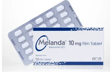 MELANDA 10 MG 50 FILM TABLET ambalajı. Memantin içeren film kaplı tablet. Üretici: ALİ RAİF İLAÇ SANAYİ A.Ş.