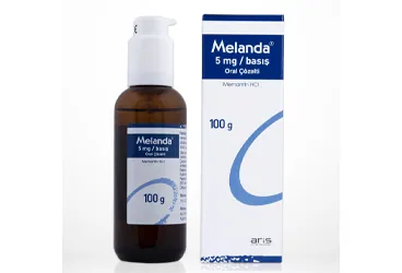MELANDA 5 MG/BASIS ORAL COZELTI kutu fotoğrafı, çözelti formunda memantin içerir. Üretici: ALİ RAİF İLAÇ SANAYİ A.Ş.