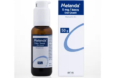 MELANDA 5 MG/BASIS ORAL COZELTI 50 G ürün ambalajı. Memantin içeren çözelti. Üretici: ALİ RAİF İLAÇ SANAYİ A.Ş.