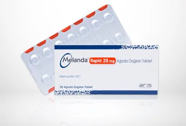 Memantin içeren tablet: MELANDA RAPID 20 MG AGIZDA DAGILAN 28 TABLET kutusu. Üretici: ALİ RAİF İLAÇ SANAYİ A.Ş.