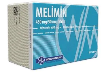 MELIMIN 450 MG/50 MG TABLET (60 ADET) (diosmin + hesperidin) kutusu, tablet. Üretici: WORLD MEDICINE İLAÇ SAN. VE TİC. A.Ş.