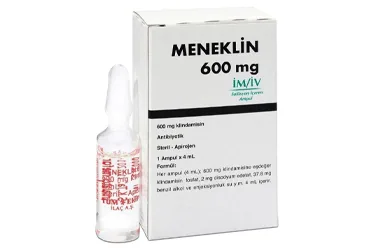 MENEKLIN 600 MG 1 AMPUL ürün ambalajı, ampul formunda klindamisin içerir. Üretici: TÜM - EKİP İLAÇ A.Ş.