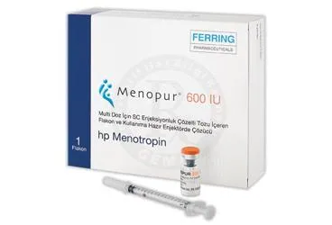 MENOPUR 600 IU MULTI DOZ ICIN SC ENJEKSIYONLUK COZELTI TOZU ICEREN FLAKON VE KULLANIMA HAZIR ENJEKTORDE COZUCU (1 ADET FLAKON + 1 ADET KULLANIMA HAZIR ENJEKTOR) ürün ambalajı. Insan menopozal gonadotropin içeren çözelti.