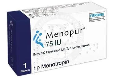 MENOPUR 75 IU IM VE SC ENJEKSIYON ICIN TOZ ICEREN FLAKON (1 FLAKON + 1 AMPUL) kutusu, ampul formunda insan menopozal gonadotropin içerir. Üretici: FERRİNG İLAÇ SANAYİ VE TİCARET LTD. ŞTİ.