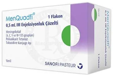 MENQUADFI 0,5 ML IM ENJEKSIYONLUK COZELTI (1 FLAKON) ürün ambalajı, çözelti formunda meningokok aşısı içerir. Üretici: SANOFİ PASTEUR AŞI TİC. A.Ş.