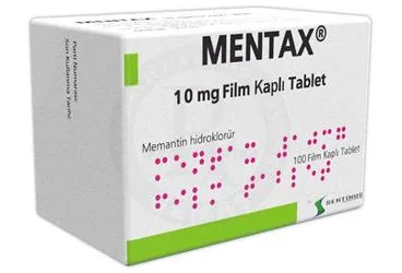 MENTAX 10 MG FILM KAPLI TABLET (100 TABLET) kutusu. Memantin içeren film kaplı tablet. Üretici: SENTİNUS İLAÇ SANAYİ VE TİCARET ANONİM ŞİRKETİ.