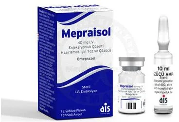 MEPRAISOL 40 MG I.V. ENJEKSIYONLUK COZELTI HAZIRLAMAK ICIN TOZ ambalajı. Omeprazol içeren çözelti. Üretici: AROMA İLAÇ SAN.LTD.ŞTİ.