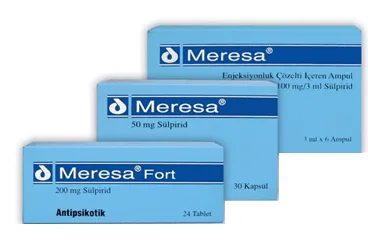 MERESA 50 MG KAPSUL, 100 ADET ambalajı, kapsül formunda sulpiride içerir. Üretici: ADEKA İLAÇ SAN. VE TİC. A.Ş.