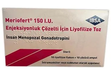MERIOFERT 150 IU ENJEKSIYONLUK COZELTI ICIN LIYOFILIZE TOZ (10 ADET) ambalajı, çözelti formunda insan menopozal gonadotropin içerir. Üretici: IBSA İLAÇ SAN. VE TİC. LTD. ŞTİ.