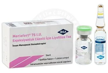 Insan menopozal gonadotropin içeren çözelti: MERIOFERT 75 IU ENJEKSIYONLUK COZELTI ICIN LIYOFILIZE TOZ (1 FLAKON+1 COZUCU AMPUL) ürün ambalajı. Üretici: IBSA İLAÇ SAN. VE TİC. LTD. ŞTİ.
