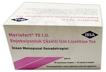 MERIOFERT 75 IU ENJEKSIYONLUK COZELTI ICIN LIYOFILIZE TOZ (10 ADET) kutusu. Insan menopozal gonadotropin içeren çözelti. Üretici: IBSA İLAÇ SAN. VE TİC. LTD. ŞTİ.