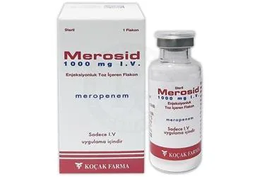 MEROSID 1 GR IV ENJEKTABL TOZ ICEREN 1 FLAKON (meropenem) kutusu, flakon. Üretici: KOÇAK FARMA İLAÇ VE KİMYA SANAYİ A.Ş.