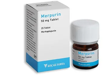 MERPURIN 50 MG 25 TABLET (merkaptopurin) ambalajı, tablet. Üretici: KOÇAK FARMA İLAÇ VE KİMYA SANAYİ A.Ş.