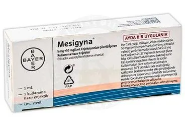 MESIGYNA KULLANIMA HAZIR ENJEKTÖR ürün ambalajı, enjeksiyonluk ürün formunda estradiol + noretisteron içerir. Üretici: BAYER TÜRK KİMYA SAN. LTD. ŞTİ.