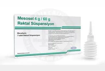 Mesalazin içeren süspansiyon: MESOSEL 4 G/60 G REKTAL SUSPANSIYON(7 ADET) kutusu. Üretici: HAVER FARMA İLAÇ ANONİM ŞİRKETİ.