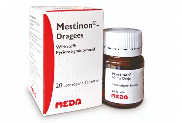 MESTINON 60 MG KAPLI TABLET (20 TABLET) ürün ambalajı. Piridostigmin bromür içeren tablet. Üretici: VİATRİS İLAÇLARI LİMİTED ŞİRKETİ.