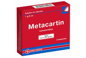 METACARTIN 1G/5 ML IM/IV ENJEKSIYONLUK COZELTI ICEREN 10 AMPUL ambalajı. Karnitin içeren çözelti. Üretici: WORLD MEDICINE İLAÇ SAN. VE TİC. A.Ş.