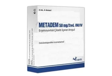 Deksketoprofen içeren çözelti: METADEM 50 MG/2 ML I.M./I.V. ENJEKSIYONLUK COZELTI ICEREN 6 AMPUL kutu fotoğrafı. Üretici: VEM İLAÇ SAN. VE TİC. ANONİM ŞİRKETİ.