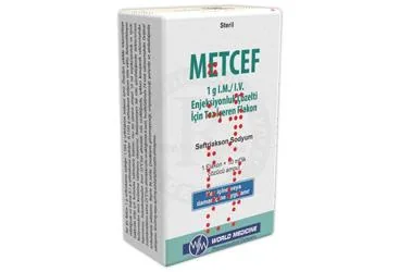 METCEF 1 G IM/IV ENJEKSIYONLUK COZELTI ICIN TOZ ICEREN FLAKON (1 FLAKON + 1 AMPUL) ürün ambalajı. Seftriakson içeren çözelti. Üretici: WORLD MEDICINE İLAÇ SAN. VE TİC. A.Ş.