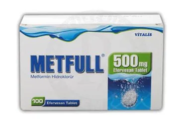 Metformin içeren efervesan tablet: METFULL 500 MG 100 EFERVESAN TABLET kutusu. Üretici: CELTİS İLAÇ SANAYİ VE TİCARET ANONİM ŞİRKETİ.
