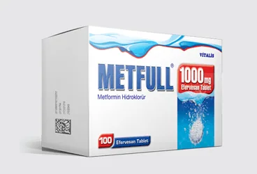 Metformin içeren efervesan tablet: METFULL 850 MG 100 EFERVESAN TABLET ürün ambalajı. Üretici: VİTALİS İLAÇ SAN. TİC. A.Ş.