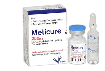 METICURE 250 MG IM/IV ENJ. ICIN LIYOFILIZE TOZ ICEREN FLAKON (1 FLAKON VE 1 COZUCU AMPUL) (metilprednizolon) kutu fotoğrafı, ampul. Üretici: VEM İLAÇ SAN. VE TİC. ANONİM ŞİRKETİ.