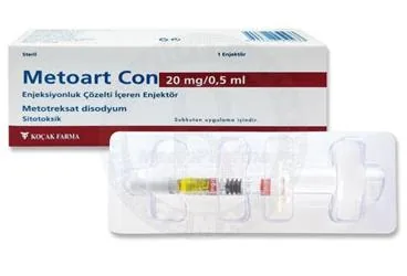 METOART CON 20 MG/0,5 ML ENJEKSIYONLUK COZELTI ICEREN ENJEKTOR ( 1 ENJEKTOR) ürün ambalajı. Metotreksat içeren çözelti. Üretici: KOÇAK FARMA İLAÇ VE KİMYA SANAYİ A.Ş.