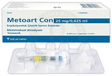 METOART CON 25 MG/ 0,625 ML ENJEKSIYONLUK COZELTI ICEREN ENJEKTOR ( 1 ENJEKTOR) ürün ambalajı. Metotreksat içeren çözelti. Üretici: KOÇAK FARMA İLAÇ VE KİMYA SANAYİ A.Ş.