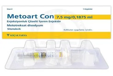 METOART CON 7,5 MG/0,1875 ML ENJEKSIYONLUK COZELTI ICEREN ENJEKTOR ( 1 ENJEKTOR) ürün ambalajı, çözelti formunda metotreksat içerir. Üretici: KOÇAK FARMA İLAÇ VE KİMYA SANAYİ A.Ş.