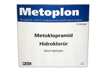 Metoklopramid içeren ampul: METOPLON 10 MG/2 ML IM/IV ENJ. COZ. ICEREN 5 AMPUL ambalajı. Üretici: RDC İLAÇ ARAŞTIRMA VE GELİŞTİRME SANAYİ ANONİM ŞİRKETİ.