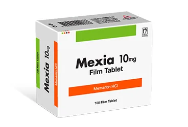 MEXIA 10 MG 100 FILM TABLET (memantin) kutusu, film kaplı tablet. Üretici: NOBEL İLAÇ SAN. VE TİC. A.Ş.