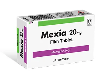 Memantin içeren film kaplı tablet: MEXIA 20 MG 84 FILM TABLET ambalajı. Üretici: NOBEL İLAÇ PAZARLAMA VE SANAYİİ LTD. ŞTİ.