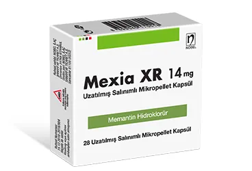 MEXIA XR 14 MG 28 UZATILMIS SALINIMLI MIKROPELLET KAPSUL kutusu, kapsül formunda memantin içerir. Üretici: NOBEL İLAÇ SAN. VE TİC. A.Ş.