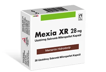Memantin içeren kapsül: MEXIA XR 28 MG 28 UZATILMIS SALINIMLI MIKROPELLET KAPSUL kutusu. Üretici: NOBEL İLAÇ SAN. VE TİC. A.Ş.