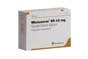 MICTONORM 45 MG SR SUREKLI SALIMLI KAPSUL (30 KAPSUL) ambalajı, kapsül formunda propiverin hidroklorür içerir. Üretici: RECORDATİ İLAÇ SANAYİ VE TİCARET ANONİM ŞİRKETİ.