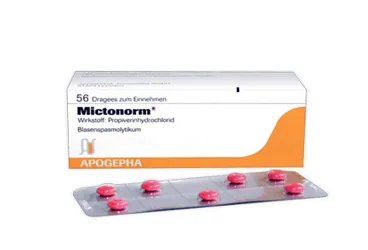Propiverin hidroklorür içeren tablet: MICTONORM 5 MG KAPLI TABLET (98 KAPLI TABLET) ambalajı. Üretici: RECORDATİ İLAÇ SANAYİ VE TİCARET ANONİM ŞİRKETİ.