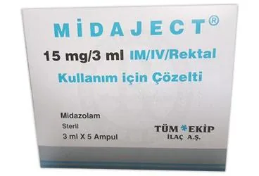 MIDAJECT 15 MG/3 ML IM/IV/REKTAL COZELTI ICEREN 5 AMPUL (midazolam) ambalajı, çözelti. Üretici: TÜM - EKİP İLAÇ A.Ş.