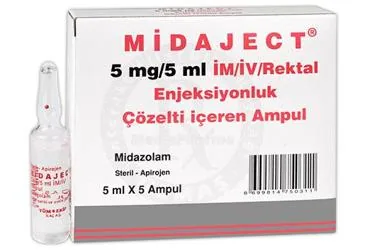 MIDAJECT 5 MG/5 ML IM/IV/REKTAL COZELTI ICEREN 5 AMPUL kutu fotoğrafı, çözelti formunda midazolam içerir. Üretici: TÜM - EKİP İLAÇ A.Ş.
