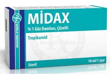 MIDAX %1 GOZ DAMLASI, COZELTI (10 ML) ürün ambalajı. Tropikamid içeren göz damlası. Üretici: WORLD MEDICINE İLAÇ SAN. VE TİC. A.Ş.