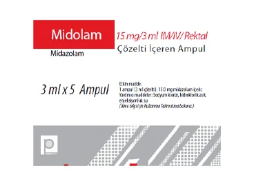 MIDOLAM 15 MG/3 ML IM/IV REKTAL COZELTI ICEREN 5 AMPUL kutusu, çözelti formunda midazolam içerir. Üretici: PHARMADA İLAÇ SANAYİ VE TİCARET A.Ş.