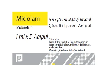 Midazolam içeren çözelti: MIDOLAM 5 MG/1 ML IM/IV REKTAL COZELTI ICEREN 5 AMPUL kutu fotoğrafı. Üretici: PHARMADA İLAÇ SANAYİ VE TİCARET A.Ş.