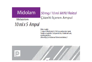 MIDOLAM 50 MG/10 ML IM/IV REKTAL COZELTI ICEREN 5 AMPUL kutusu, çözelti formunda midazolam içerir. Üretici: PHARMADA İLAÇ SANAYİ VE TİCARET A.Ş.