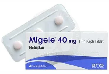 MIGELE 40 MG FILM KAPLI TABLET (3 TABLET) (eletriptan) kutu fotoğrafı, film kaplı tablet. Üretici: ALİ RAİF İLAÇ SANAYİ A.Ş.